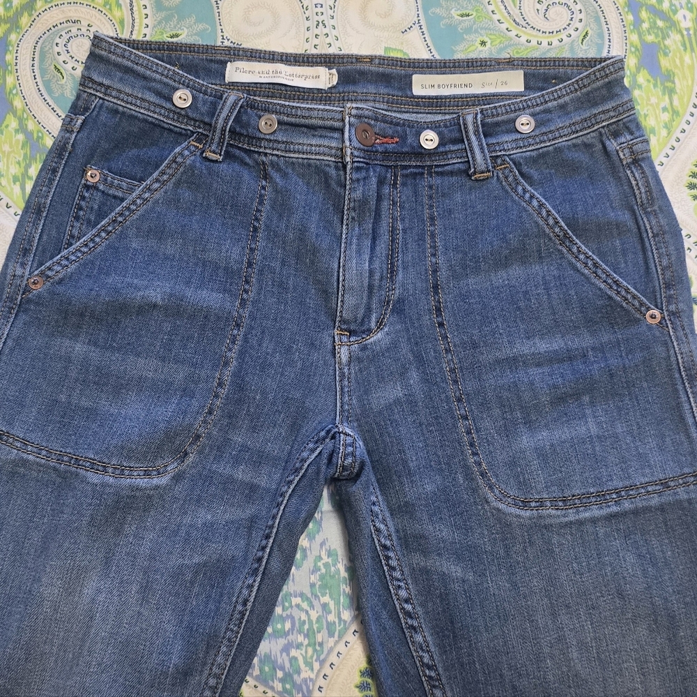 Pilcro Slim Boyfriend Jeans in Mid Blue Denim